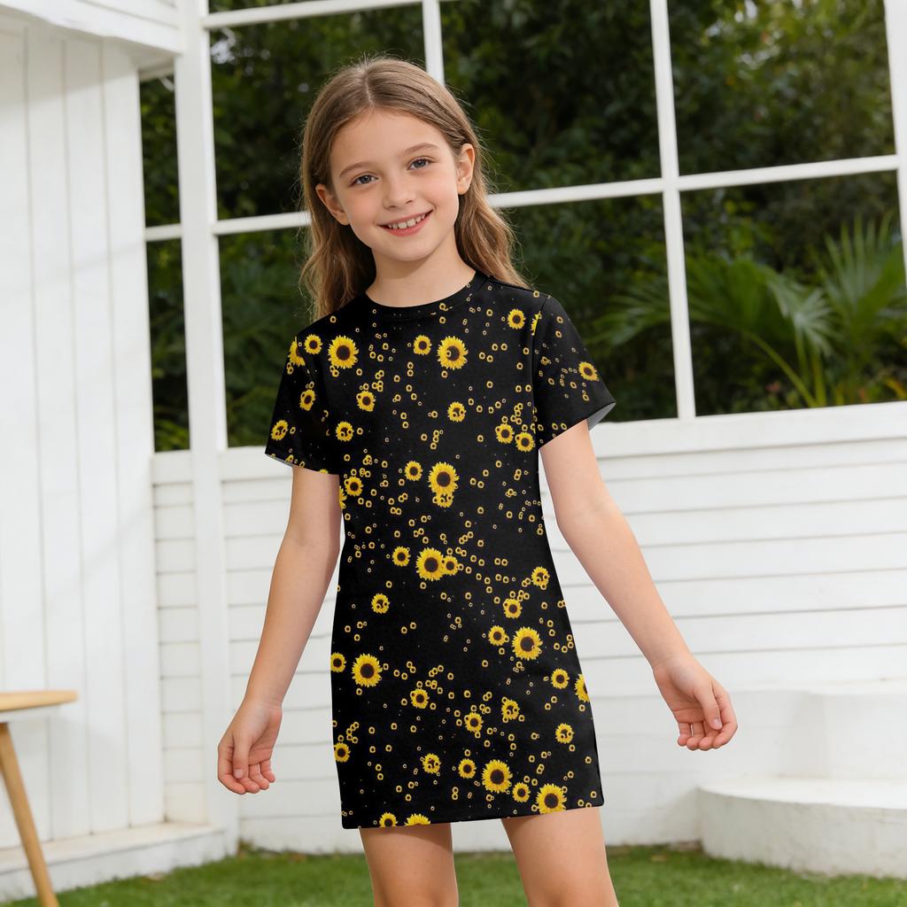 Girls Print Casual Dress Kids Loose Round Neck Short Sleeve Thin Sundress