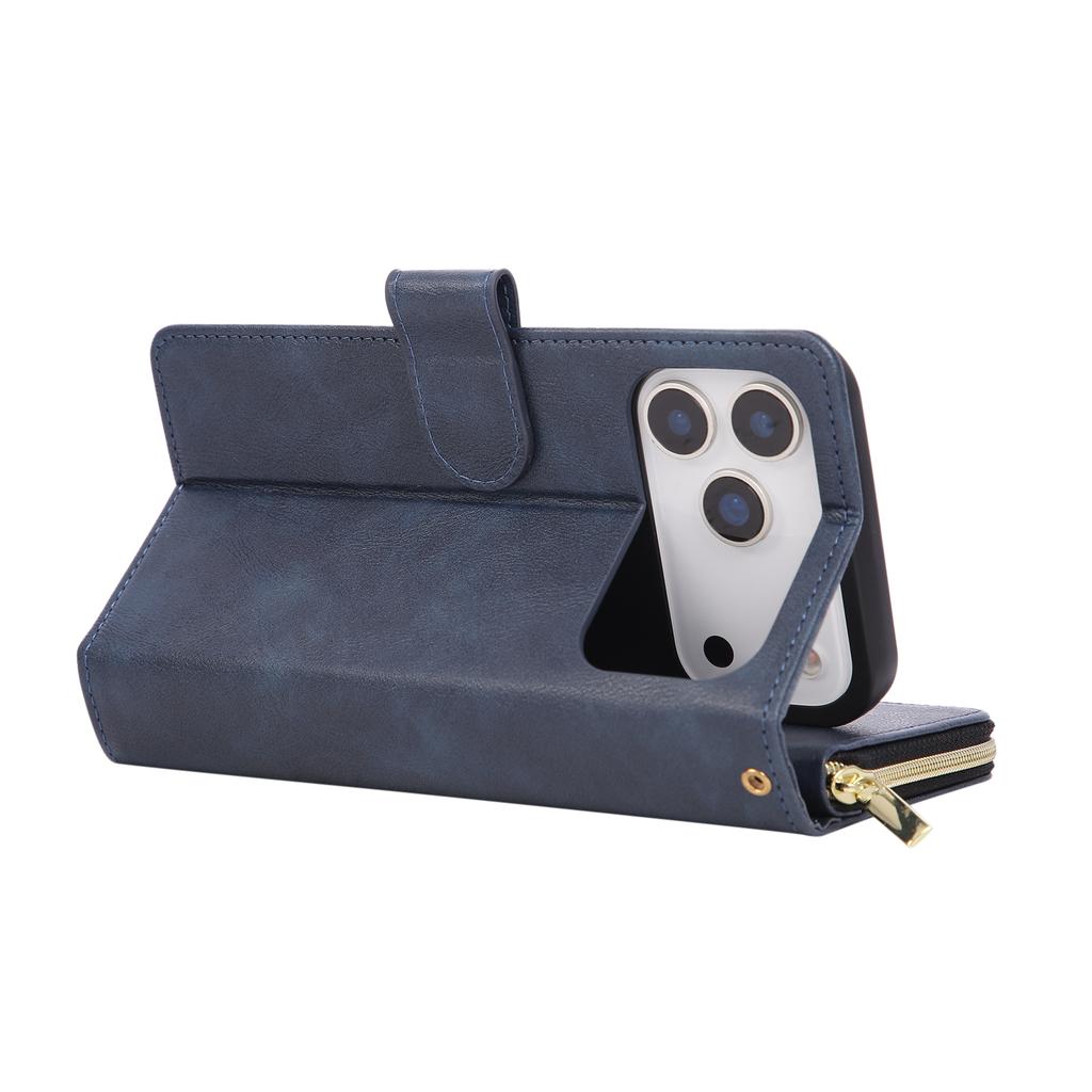 For iPhone 17 Pro Max Case Zipper Pocket 9 Card Slots PU Leather Phone Cover with Hand Strap