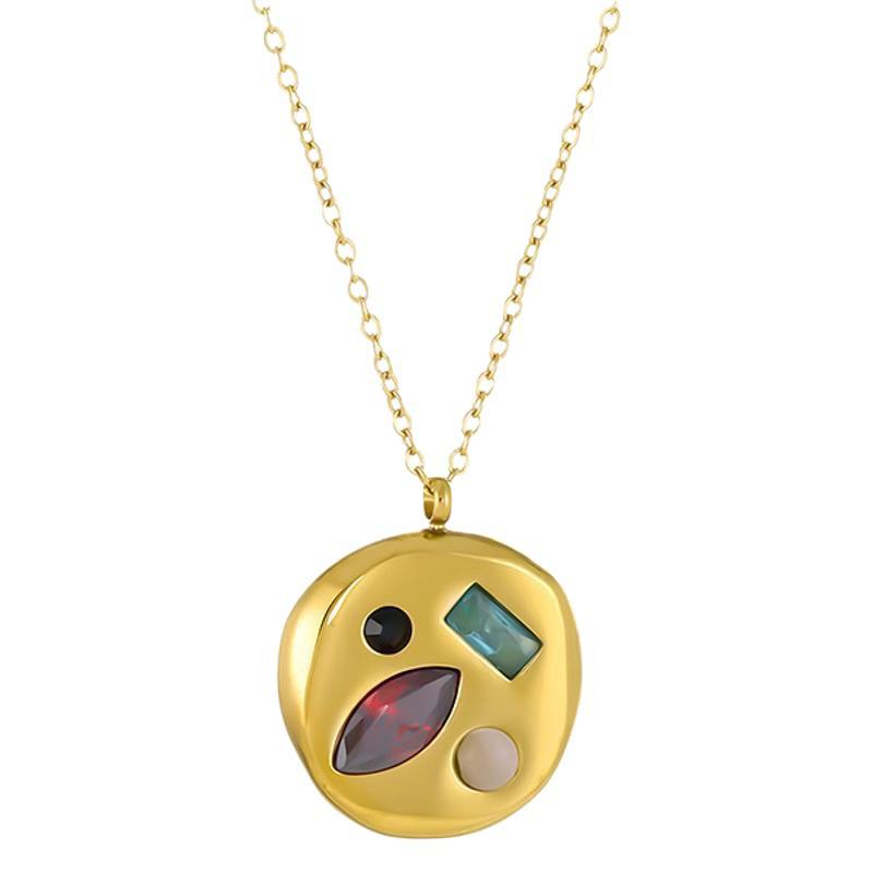 Colorful Geometric Zircon Pendant Necklace for Women—European & American Style, Gold-Plated Stainless Steel, Colorfast Jewelry