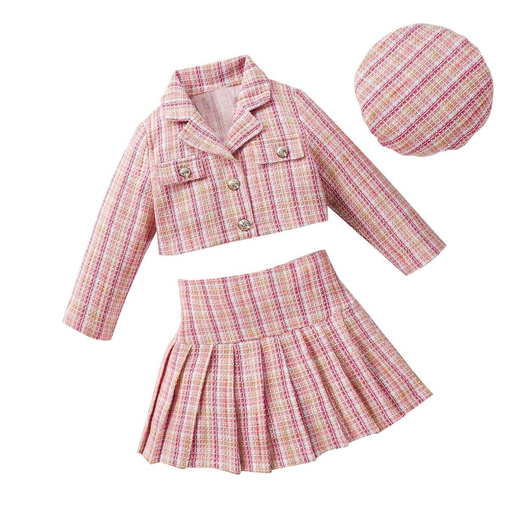 3-teiliges Herbst-Outfit für Mädchen, 4 Jahre, 5 Jahre, 6 Jahre, 7 Jahre, Langarm-Knopfmantel, plissierter karierter Rock, Hut-Set