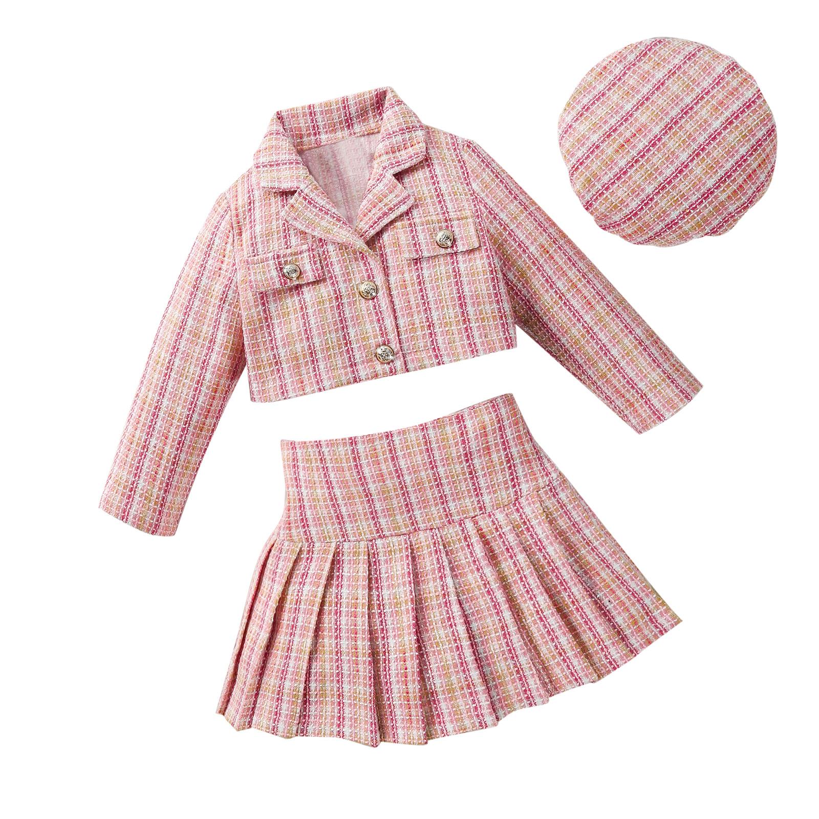 

Осенний комплект из 3 предметов для девочек, комплект из 3 предметов с длинными рукавами и пуговицами для детей 4, 5, 6, 7 лет, плиссированная юбка в клетку, комплект со шляпой 4 Years светло-розовый