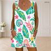 Women Plus Size Black White Tropical Leaf Printed Ring Strap Sleeveless Tank Top Pocket Shorts Two Piece Set