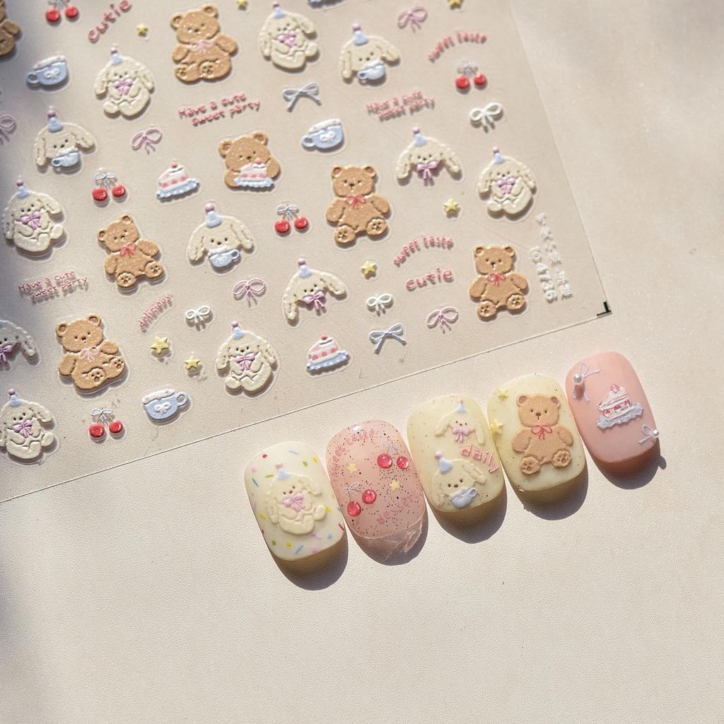 1PCS 5D Embossed Nail Sticker Cute Gray Cake Teddy Bear Bow Cartoon Nail Art Stickers Self Adhesive Nails Decorations Decals DlY