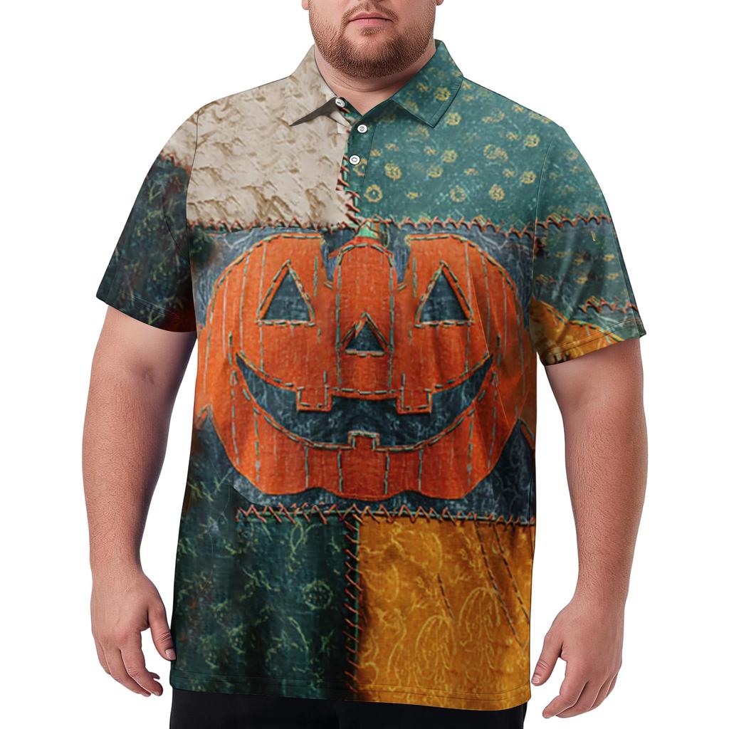 Herren Übergröße Halloween Print Golf Poloshirt Atmungsaktiv Kurzarm Lässiges Arbeitskleidung Oberteil Bequeme Passform