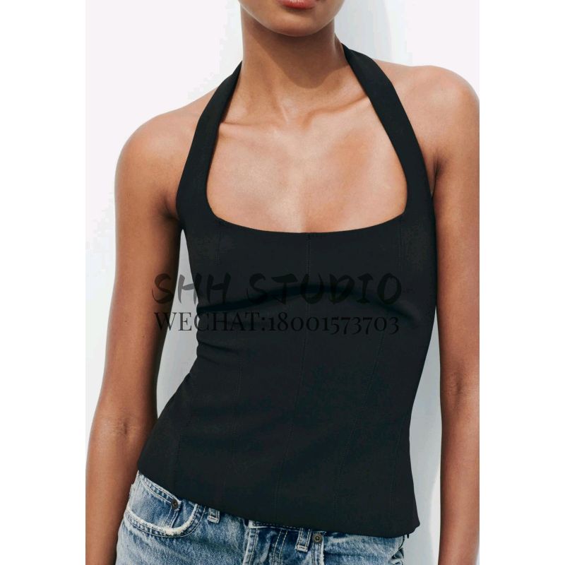 Spring New Sweet and Spicy Easiest for Match Round Neck Sexy Open Back Hanging Collar Silm Tops 4661007 2284777