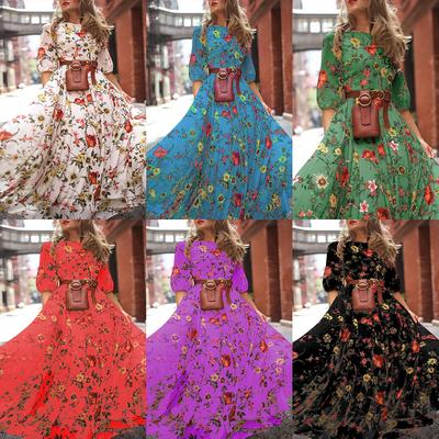 Slim-fitting Printed Dress Elegant Floral Maxi Dress for Women A-line Silhouette High Waist Design Half Sleeve Detail for Spring Summer