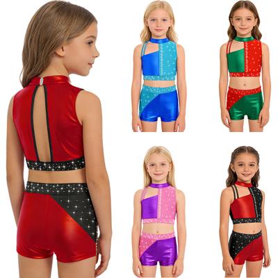 Metallic Color Block Crop Top & Shorts Set for Girls: Shiny Rhinestones Mock Neck Sleeveless with Elastic Waist