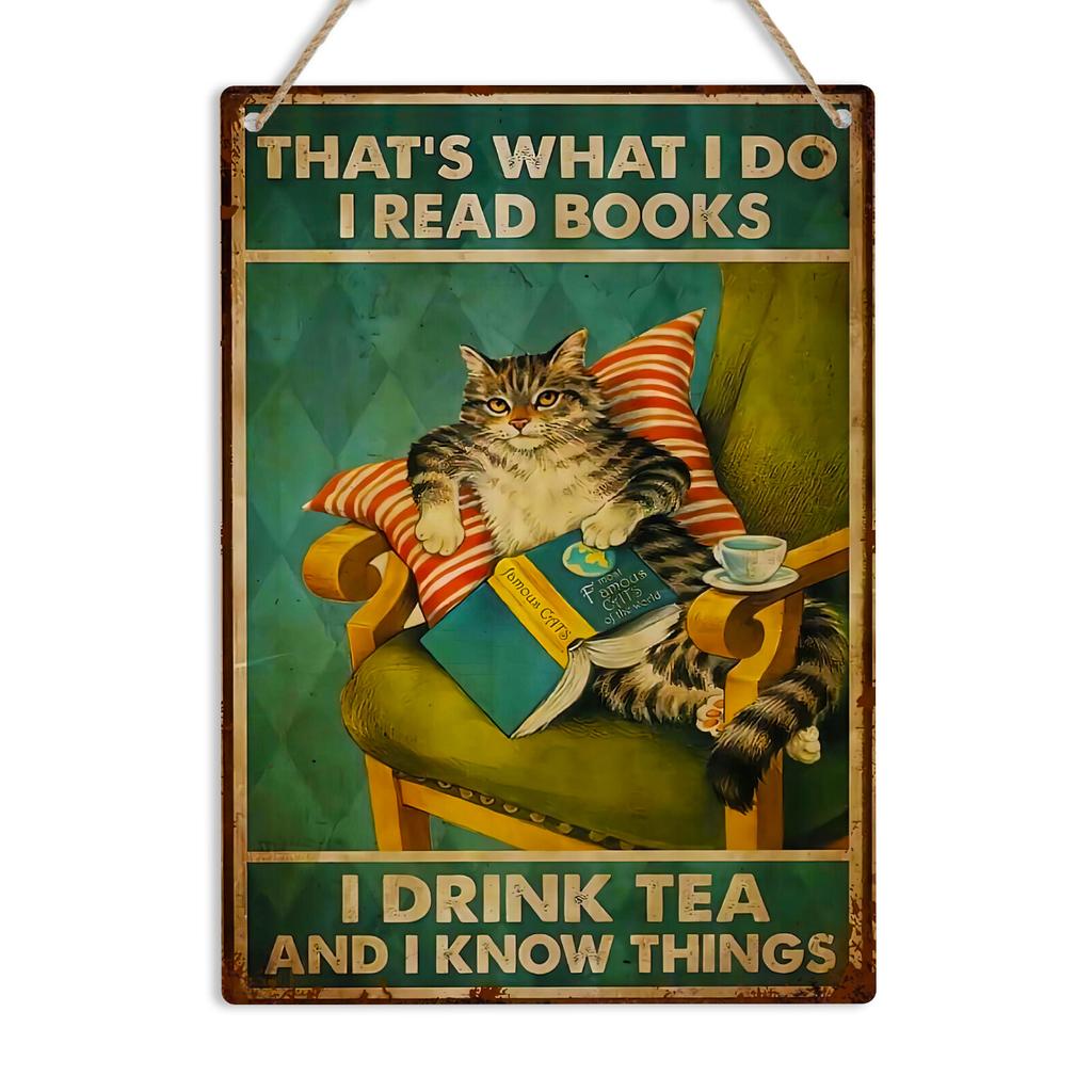 Buch Katze Teeliebhaber Vintage Metallschild Retro Heimdeko Wandplakette Lesegeschenk