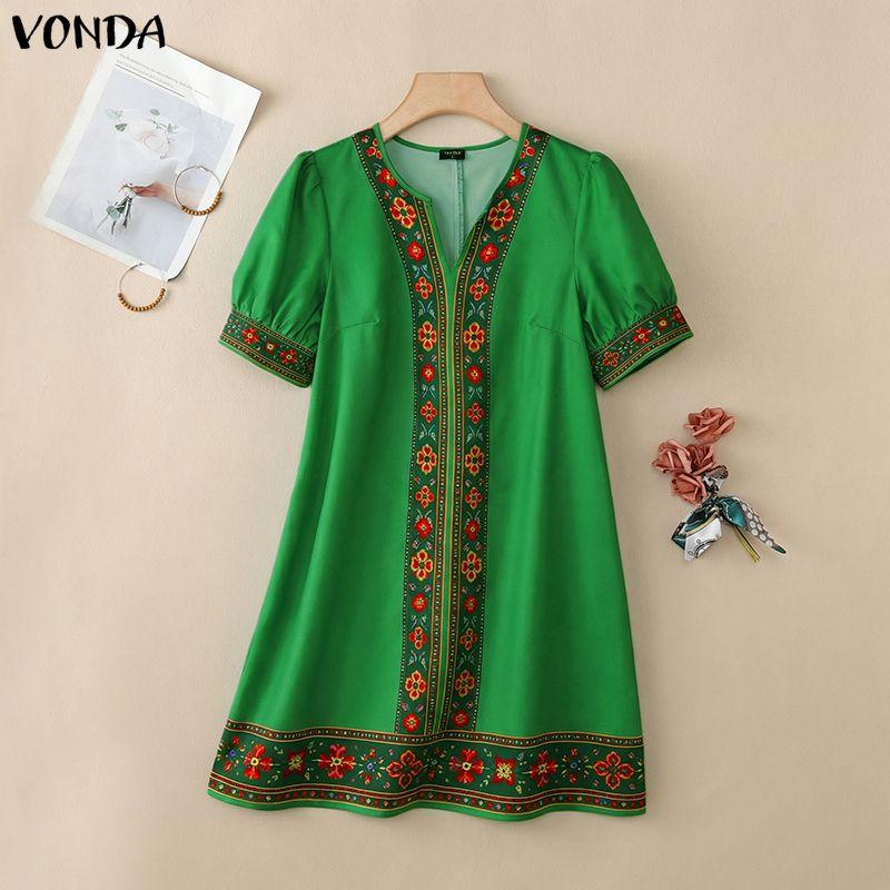 VONDA Women Short Sleeve Floral Print Casual Summer Mini Short Dress S