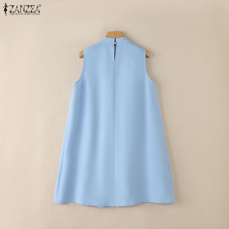 ZANZEA Women Casual Stand Collar Summer Off Shoulder Sleeveless Dress