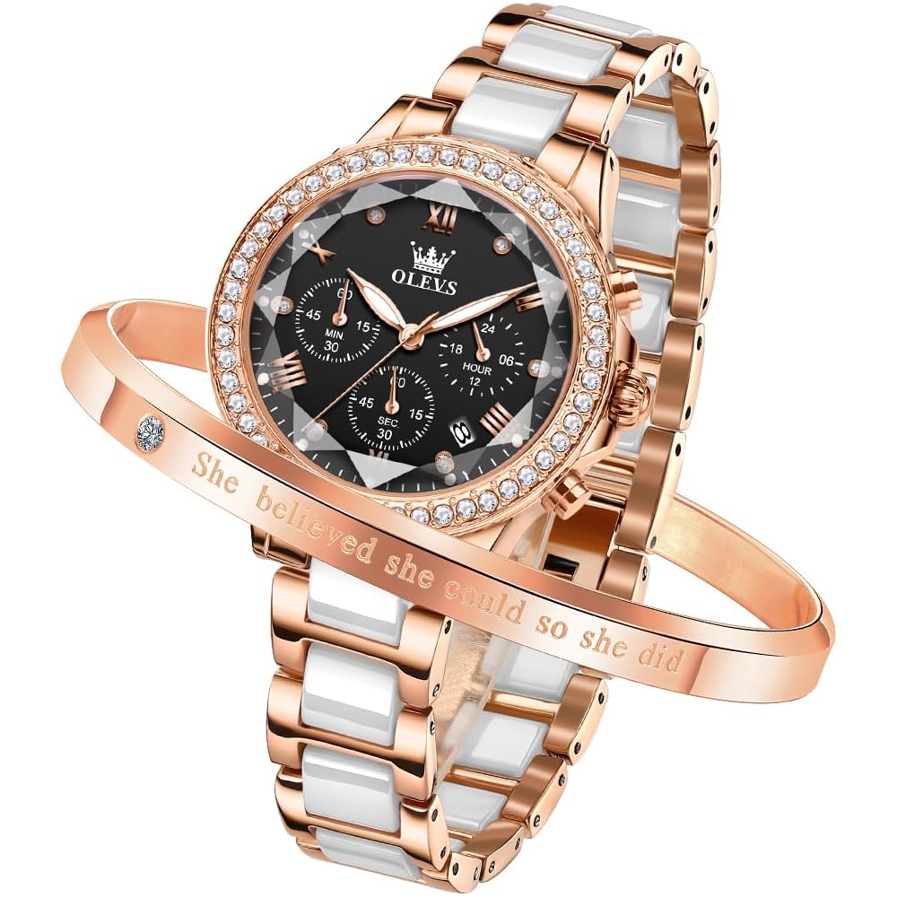 OLEVS Women s Ceramic Quartz Watch Elegant Waterproof Date Display Luminous Black