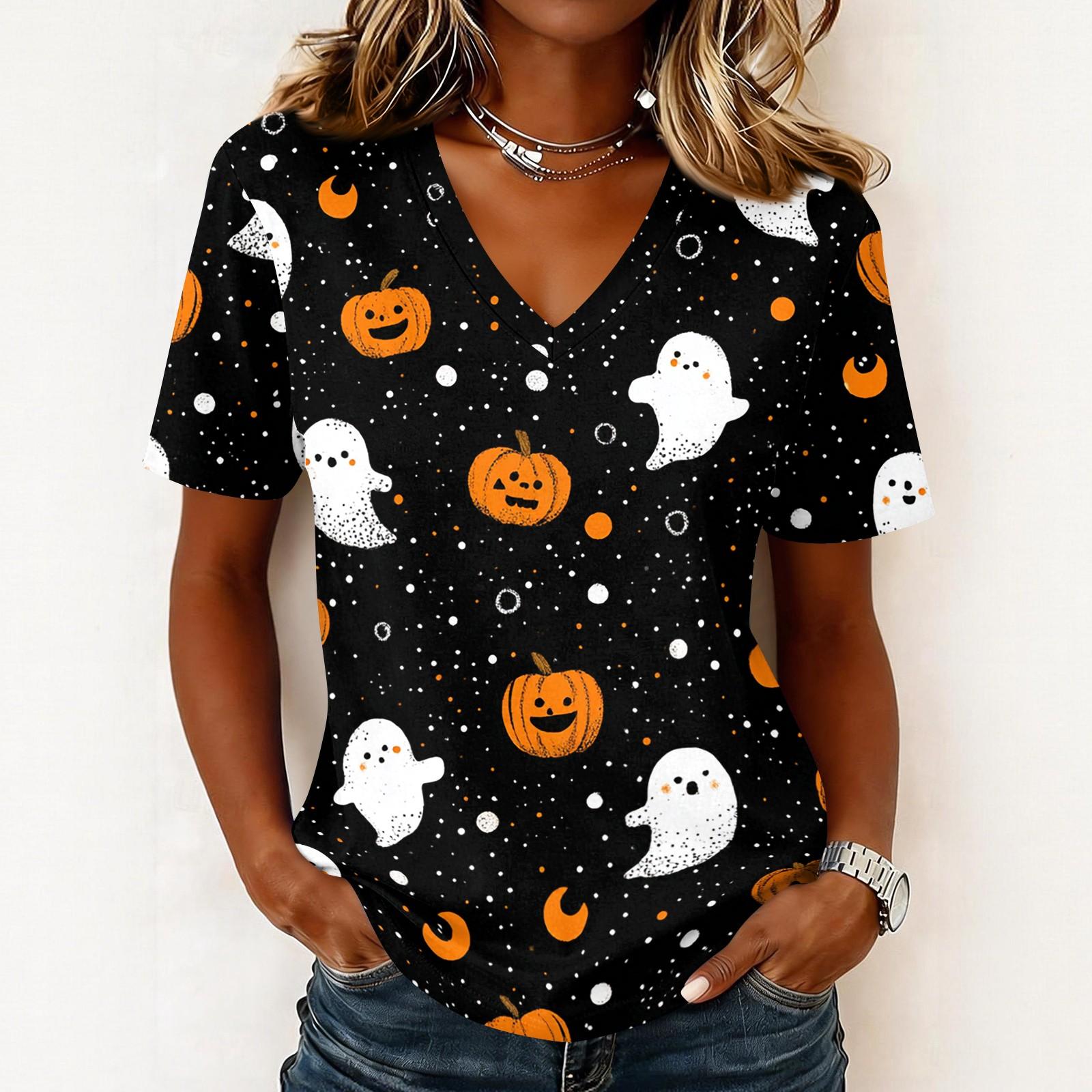 Women s Halloween Print Short Sleeve V-Neck T-Shirt - Casual Pullover Top L