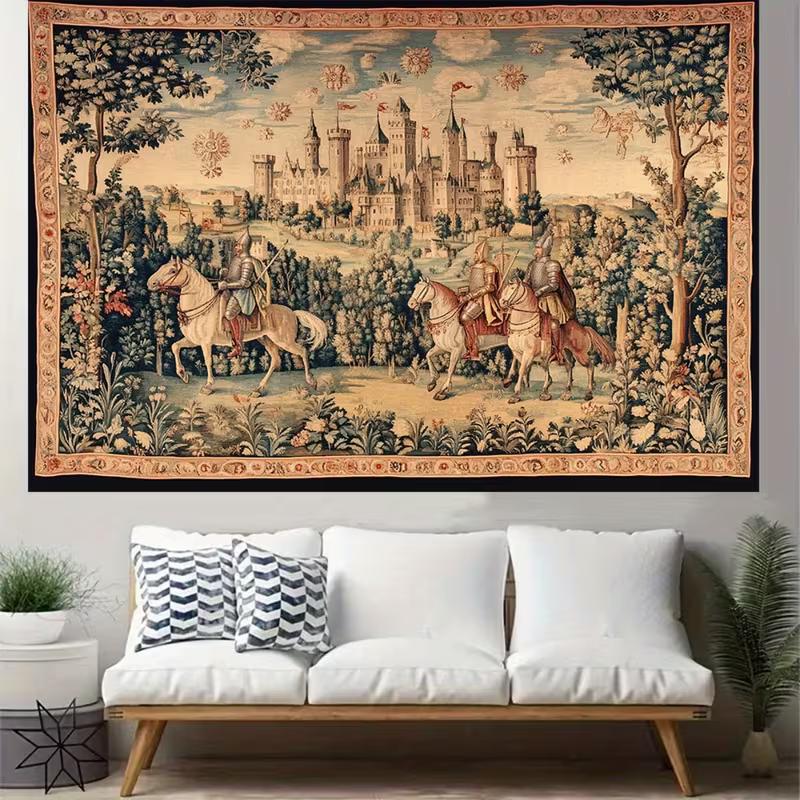 2D Medieval Castle Tapestry Wall Decor with Knights and Scenic Border