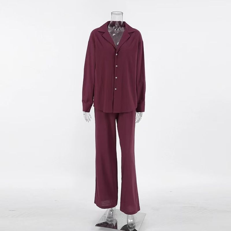 

Европейская и американская мода Новый лацкан Свободный топ Брюки Повседневный комплект Свободный топ и брюки Комплект Burgundy L