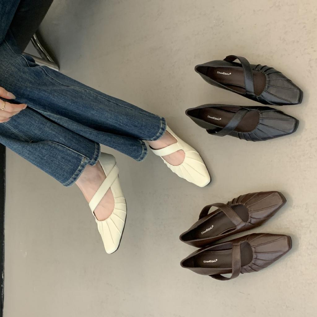 Chaussures Mary Jane vintage pour femmes tête avec fond plat plissé pieds non fatigués tempérament français chaussures simples