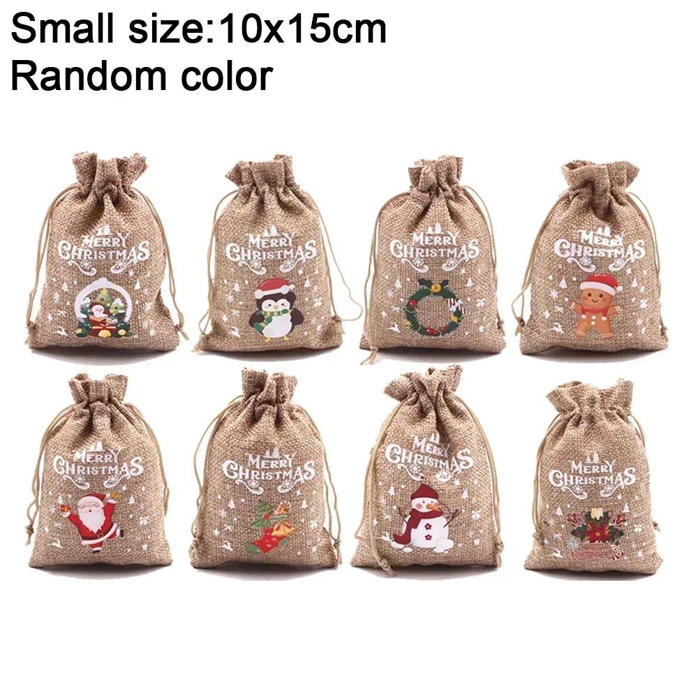 1/30pcs Mini Christmas Drawstring Gift Bags Linen Santa Claus Elk Candy Biscuit Storage Bags Kids New Year Party Packaging Pouch