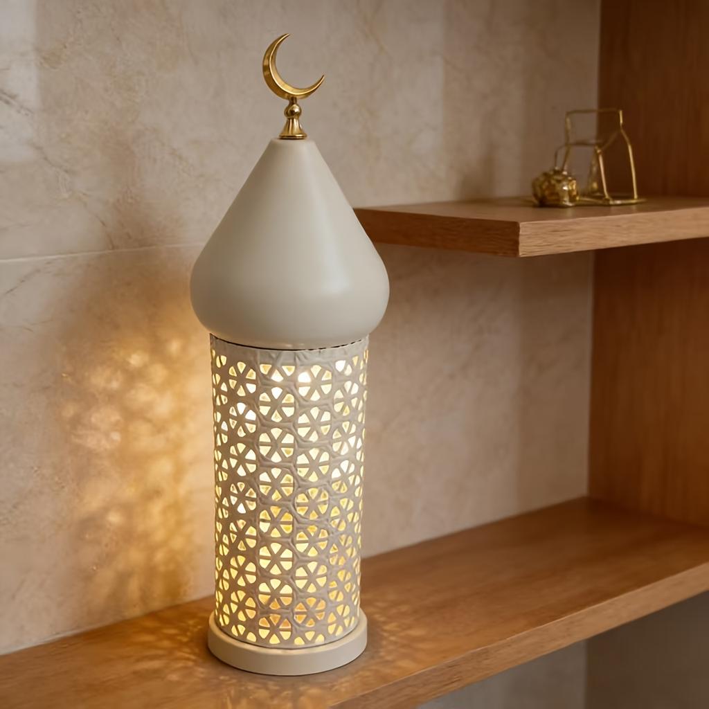 Ramadan Kareem Lantern Set White Moroccan Style Metal Hollow with Golden Crescent Moon Mubarak Home Tabletop Festival Decor