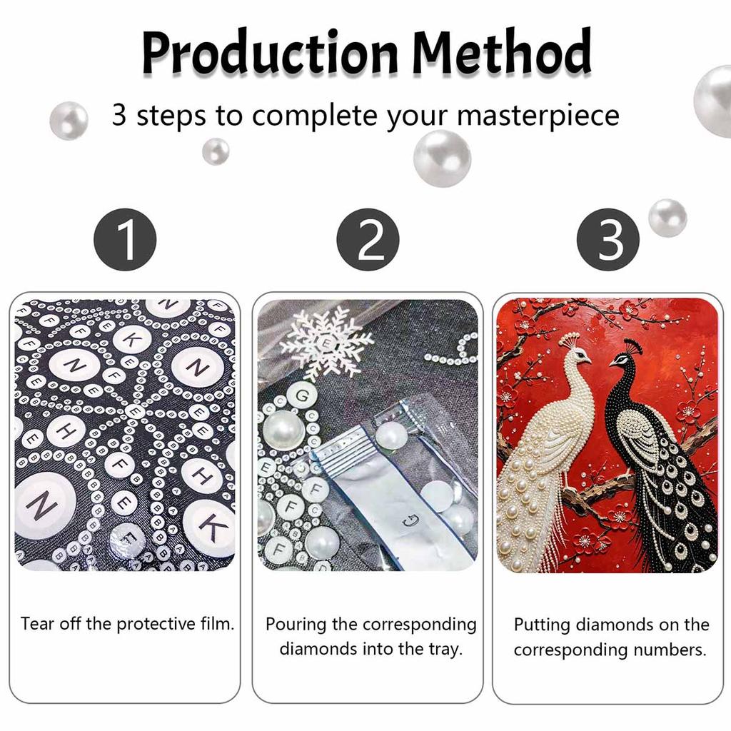 Pearl painting kit features 5D pearl peacock and flower mosaic art style. designed for home wall decoration.