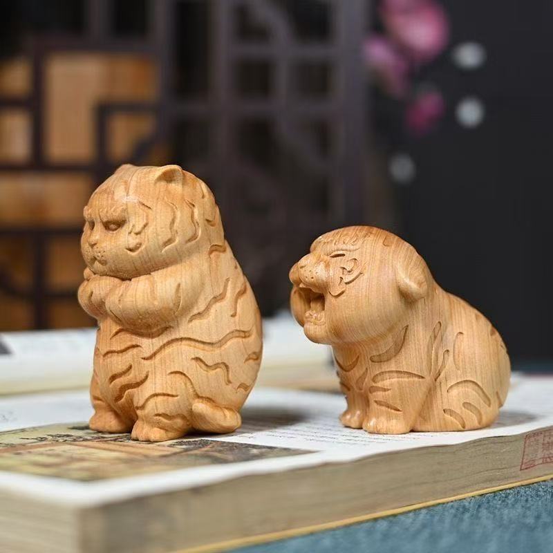 Cypress Cute Tiger Baby Decorate small statues -Chinese characteristic wood carving Cute Home Room Office Healing Decoration