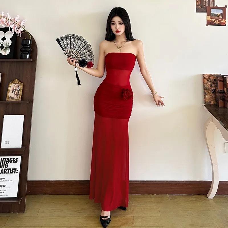 French retro tube top dress women's three-dimensional flower waist thin neckline perspective chest wrap hip long dress white