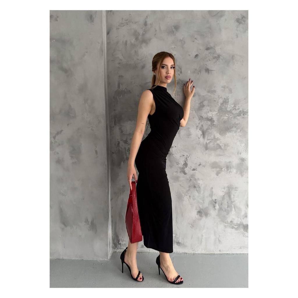 Elegance Navy Blue Dress With Draped Shoulder And Waist Parts, Zero Sleeves And Slit Detail