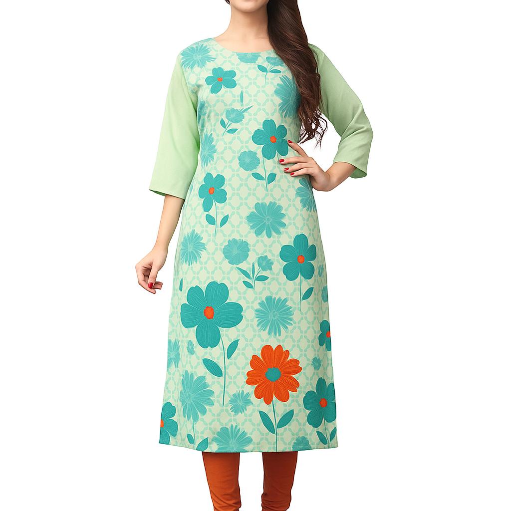 

Comfortable and stylish Muslim-style clothing: green floral full-print kurti with a breathable round neck design, allowing you to show your unique S бежевий