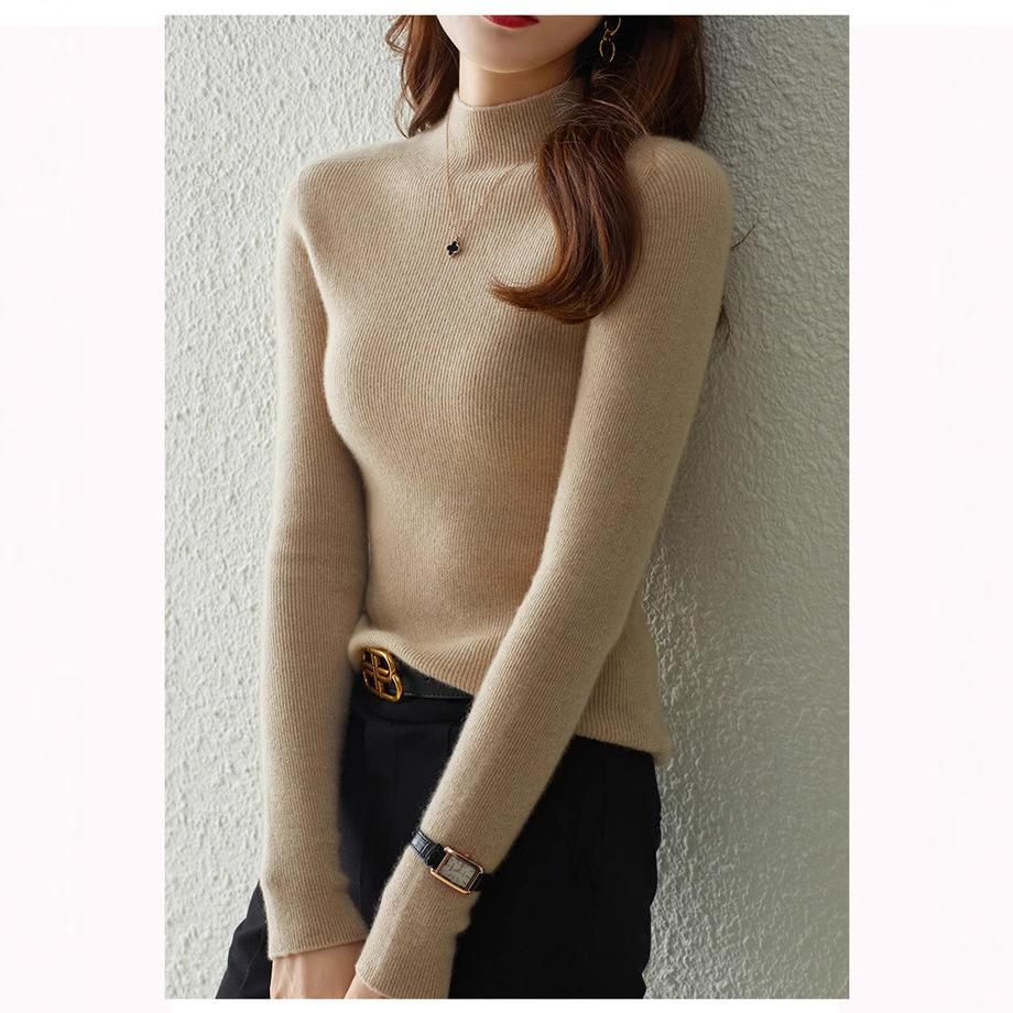 Women's Slimming Pure Cashmere Ribbed Pullover Sweater - Solid Color, Half-High Neck Knitwear