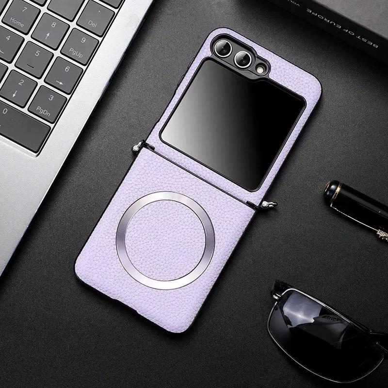 Luxury Litchi PU Leather Magsafe Wireless Charge Case for Galaxy ZFlip 7 6 Flip 3 4 5 ZFlip4 Zflip5 Magnetic Shockproof Cover