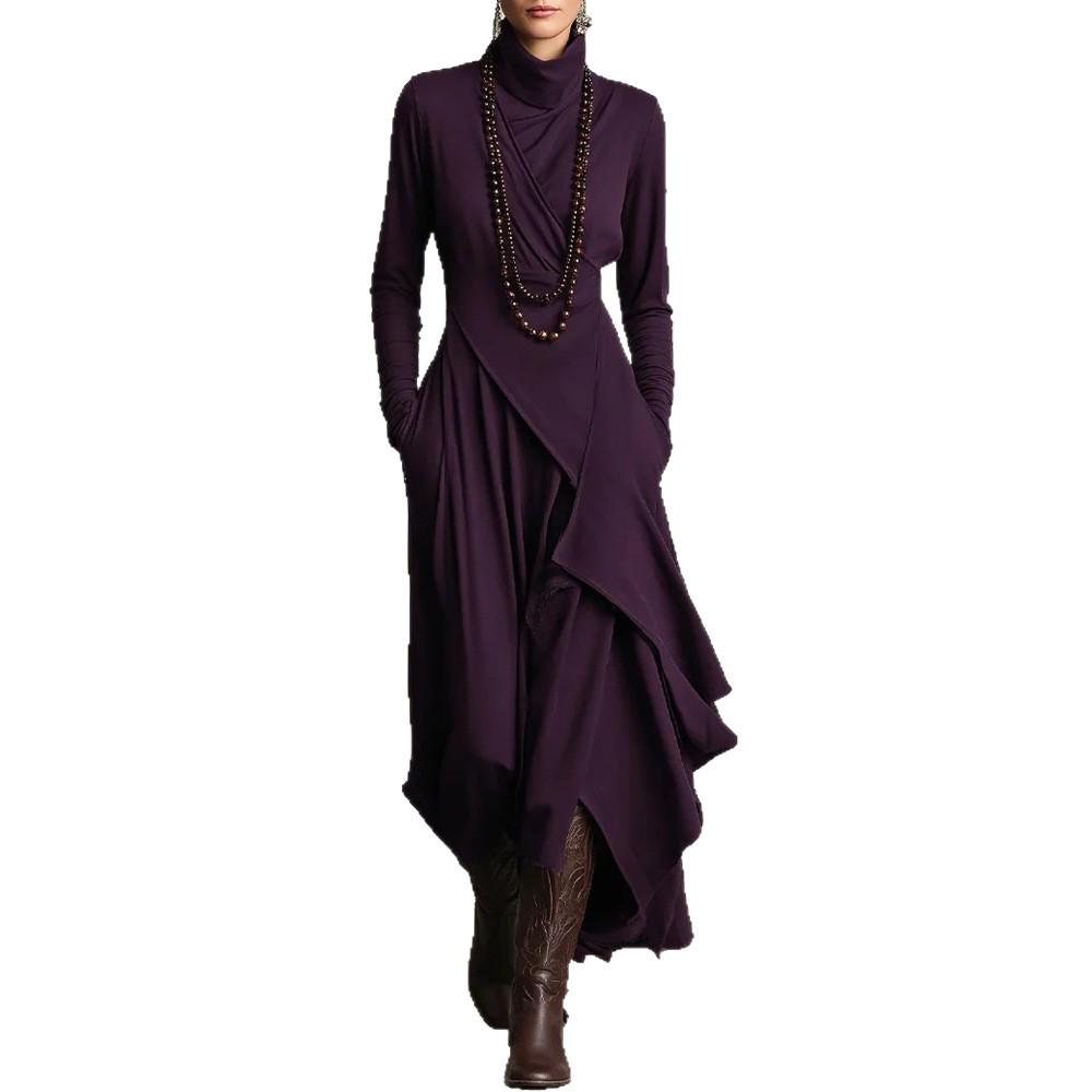 European Style Autumn/Winter 2025 Women's Solid Color Long Sleeve High Neck Irregular Dress