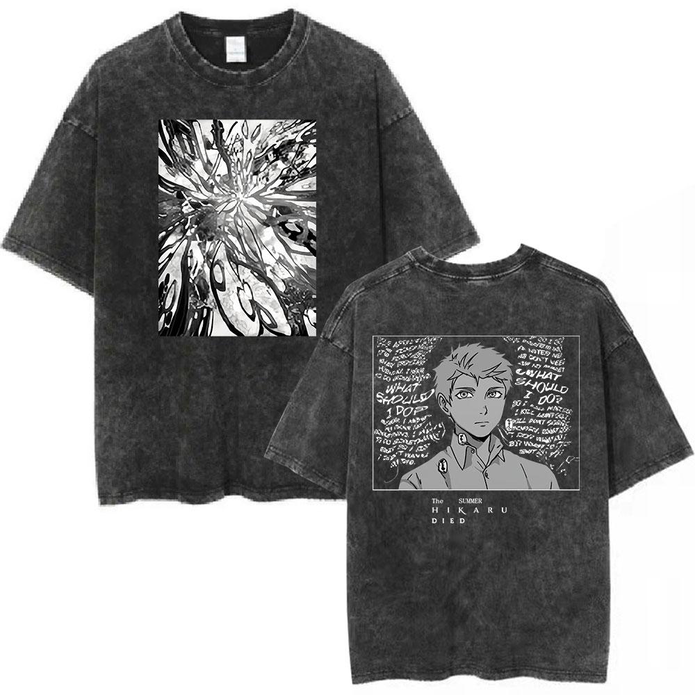 Anime The Summer Hikaru Died Yoshiki Hikaru Vintage Spłowiony T-shirt Męski Damski Odzież Bawełna Codzienny Luźny T-shirt Streetwear