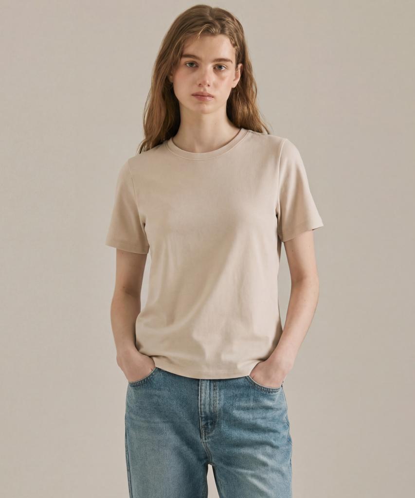 BASIC HOUSE Women'S Premium 40-Count Round Neck Short Sleeve T-Shirt Beige Lats0211