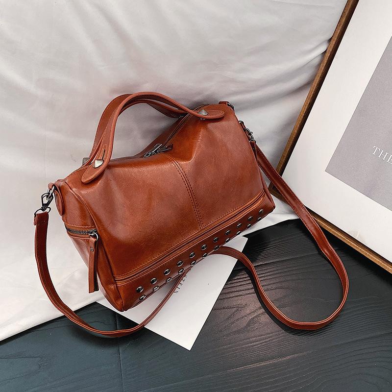 Soft Leather Bost Shoulder Crossbody Top Handle Bag Women Fashi Trendy Versatile Mature Handbag