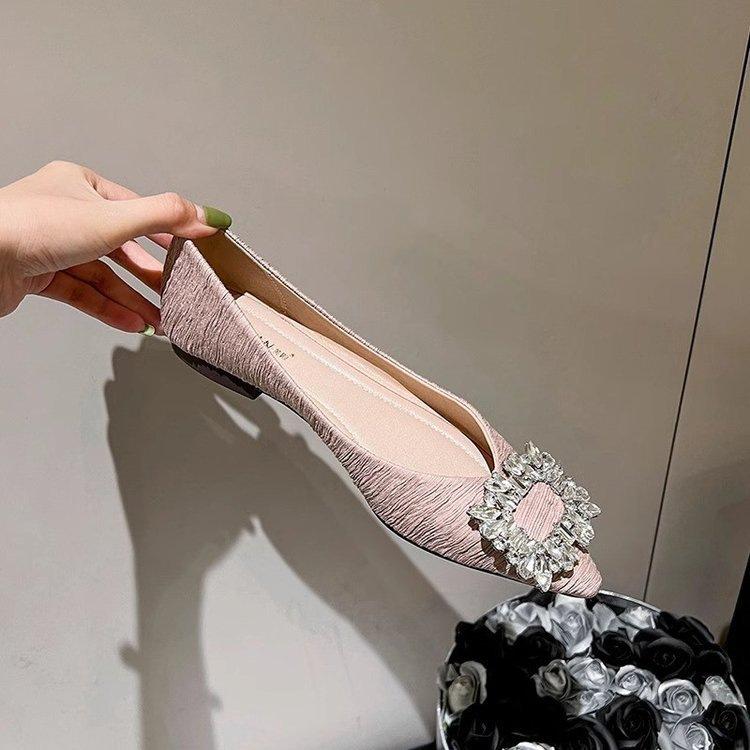 Francuskie buty z błyszczącymi cyrkoniami w szpic nowość jesień płaski obcas płytki dekolt eleganckie buty damskie