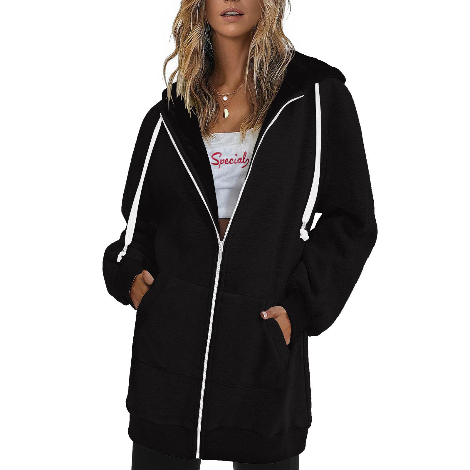 

Женские осенние толстовки с капюшоном на молнии, толстовки большого размера, одежда, повседневные куртки с карманами на шнурке, пальто с капюшоном средней длины, мотоциклетные бегуны XL чёрный