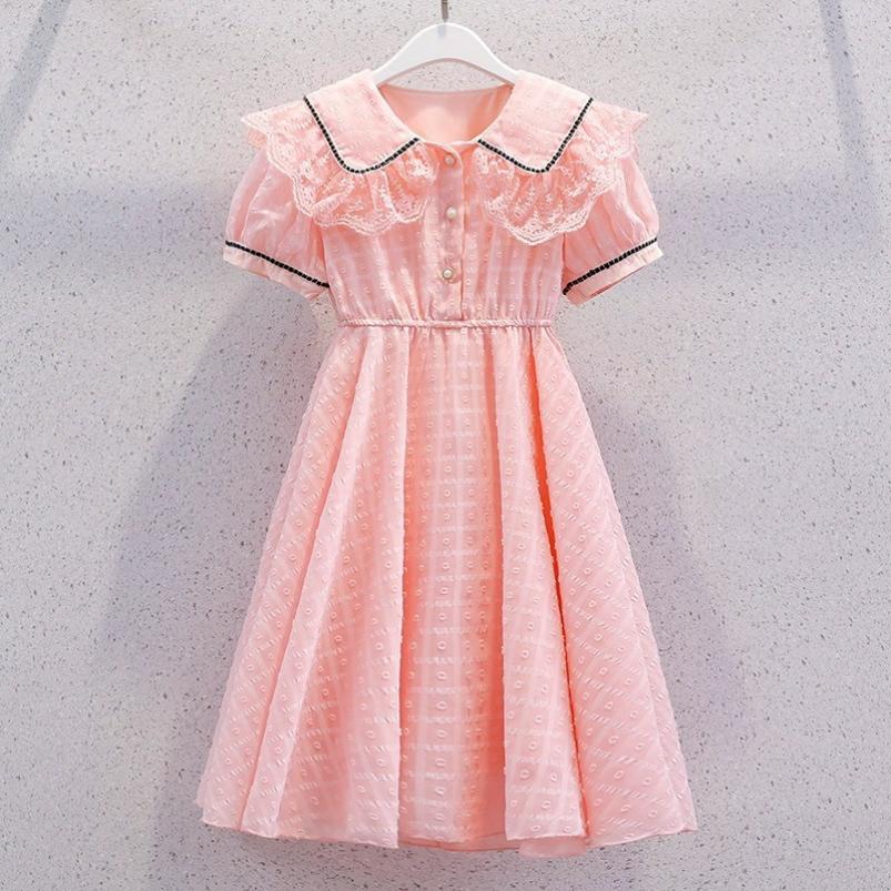 Girls Dresses, Small Fragrance, Summer, Big Children s Fashion, Western Style, Waist Chiffon Princess Dress, Thin Section 110 розовый