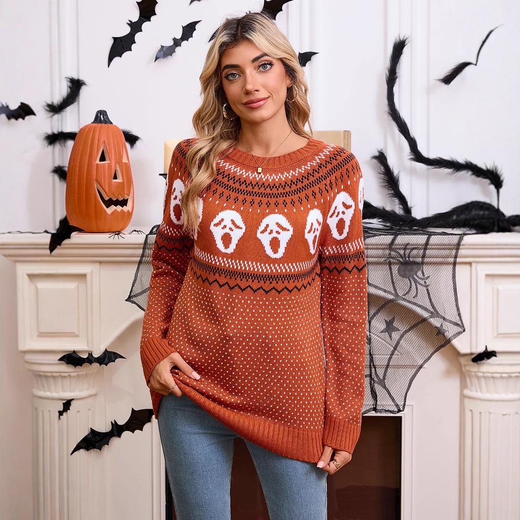 Women's Halloween Skull Jacquard Sweater: Autumn/Winter European & American Style, Round Neck, Long Sleeve Knitwear