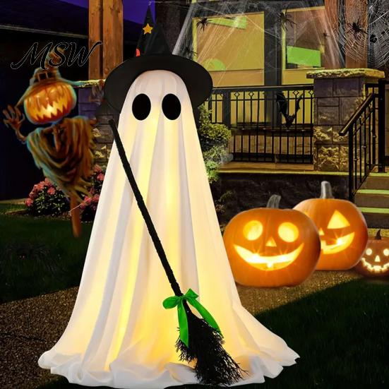 Halloween Ghost Ornament Light-Up Decoration, Spooky Witch Hat with LED Festive Prop Light, Broom Decor for Outdoor Lawn Porch Holiday Party