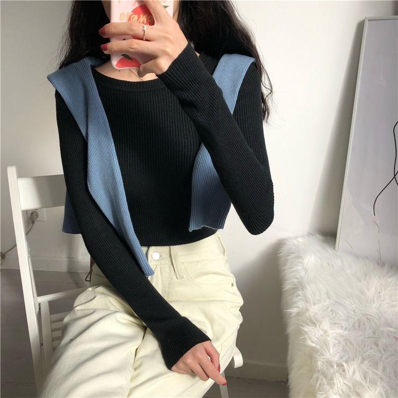 

Spring Autumn Inner Tight Top Round Neck Long Sleeve Knit Base Layer Women s Slim Fit Korean Style Versatile Pullover Thin Sweater S чорний