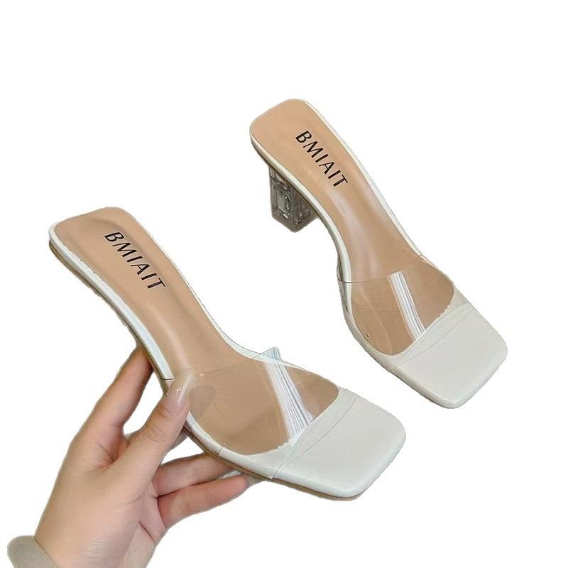 One-word slippers women's summer wear new square head crystal thick heel transparent sexy high heel cool slippers women