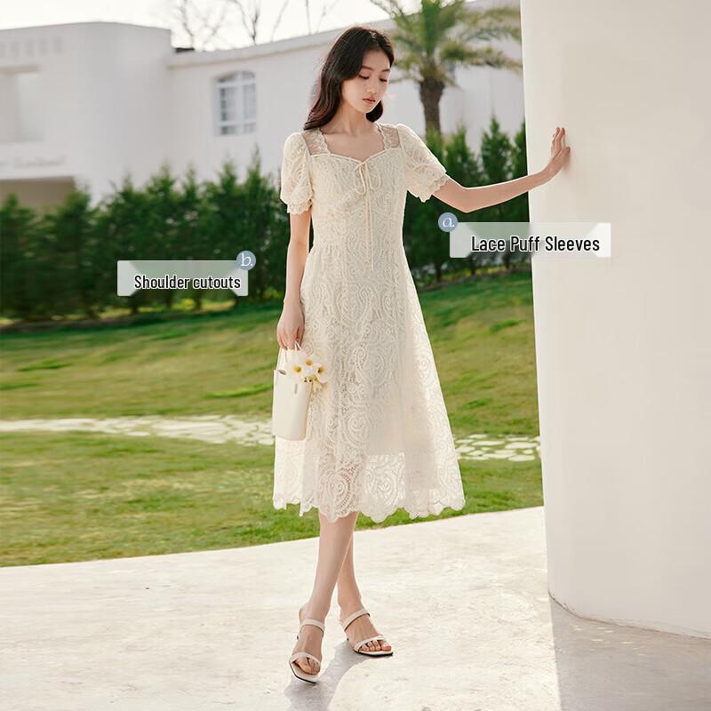Xiangying Women's Lace Square Neck Puff Sleeve Dress