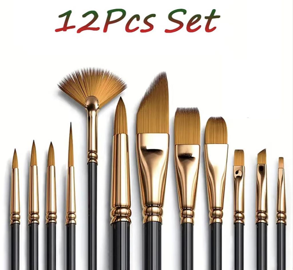 12Piece Nylon Bristle Brush Set, Nylon Flat Brushes Watercolor Brushes Oil Paint Brushes For Artists Amateur Acrylic Painting
