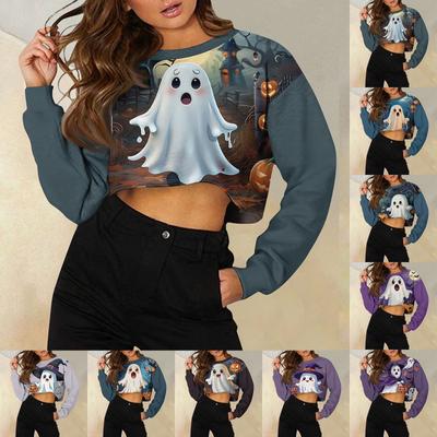 Women's Fashion Casual Round Neck Loose Long Sleeve Halloween Printed Short Sweatshirt