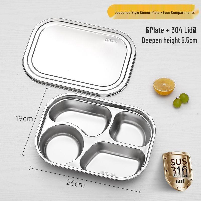 316 Stainless Steel Compartment Meal Tray with Lid - Adult & Student Canteen Lunch Box