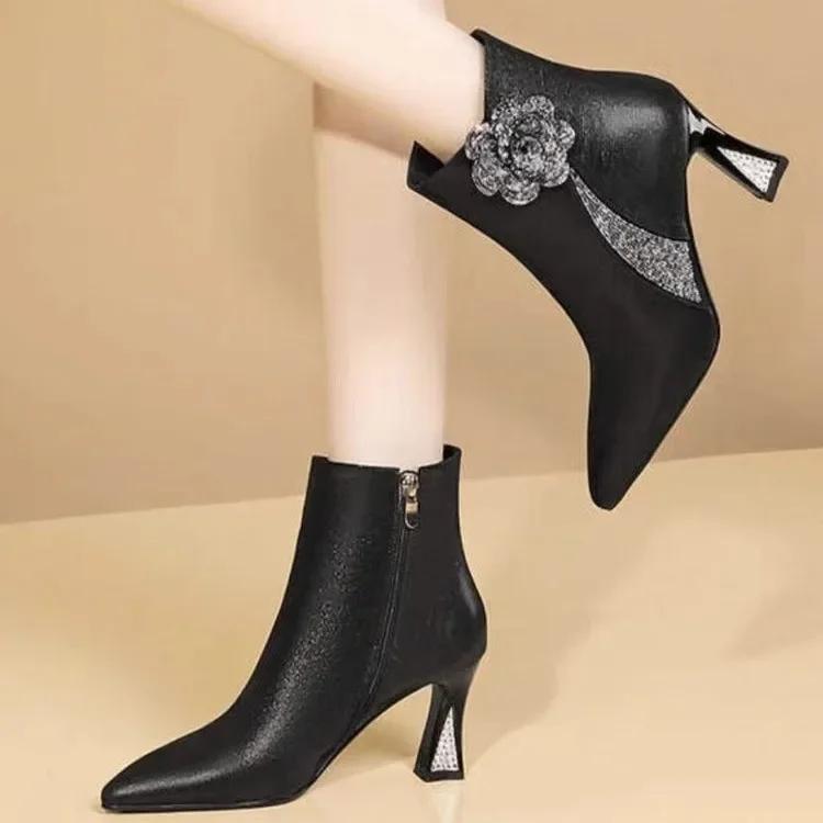 

Мода 2025 Блестящие Цветочные Женские Туфли на Высоком Каблуке Сексуальные Остроносые Ботильоны Комфортный Массивный Каблук Офисная Женская Обувь 35 чёрный