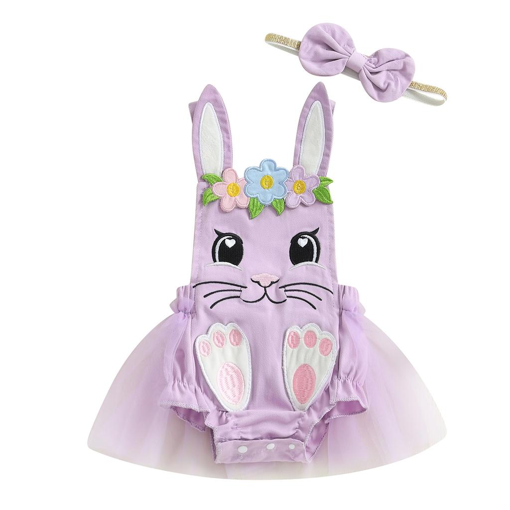 Baby Girl Summer Romper Rabbit Embroidery Square Neck Short Sleeveless Cute Fashion Bodysuit with Bow Headband