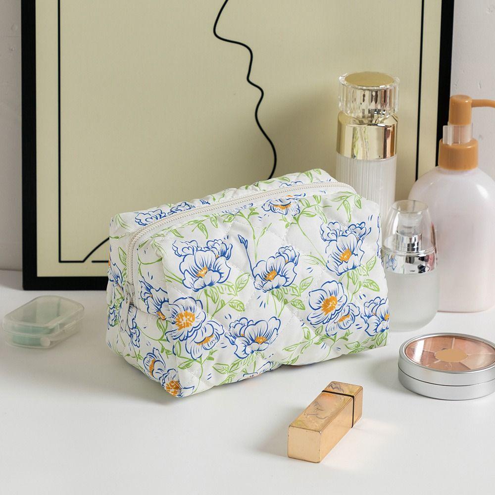 Portable Flower Printed Cosmetic Bag Large Capacity Travel Organizer Makeup Bag Storage Bag