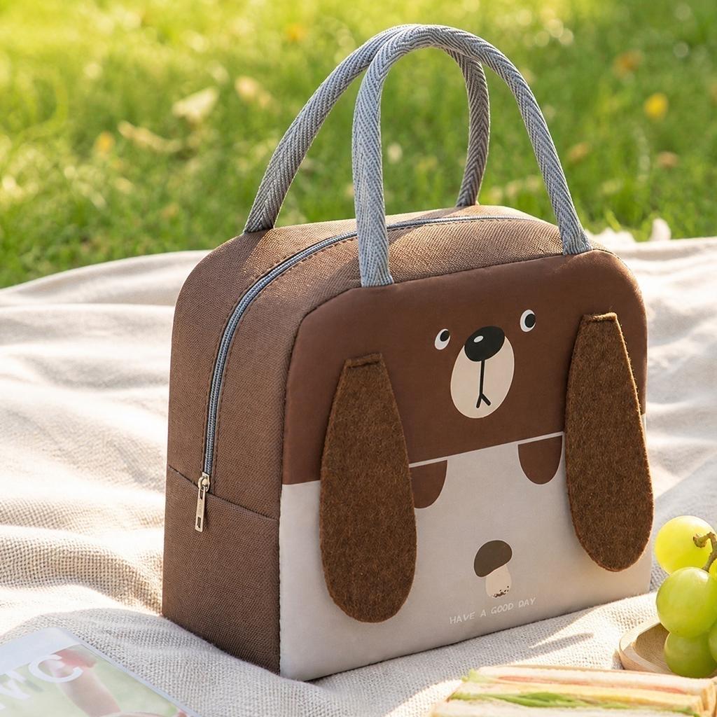 Oxford Fabric Cartoon Lunch Bag Insulated Portable Handheld Lunch Box with Zipper Closure and Soft Handles for Daily Use and Outdoor Activities