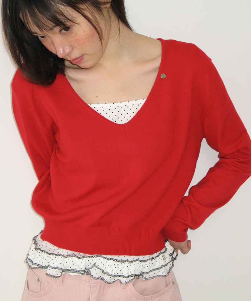 RONRON Basic Deep V Neck Compact Knit Red