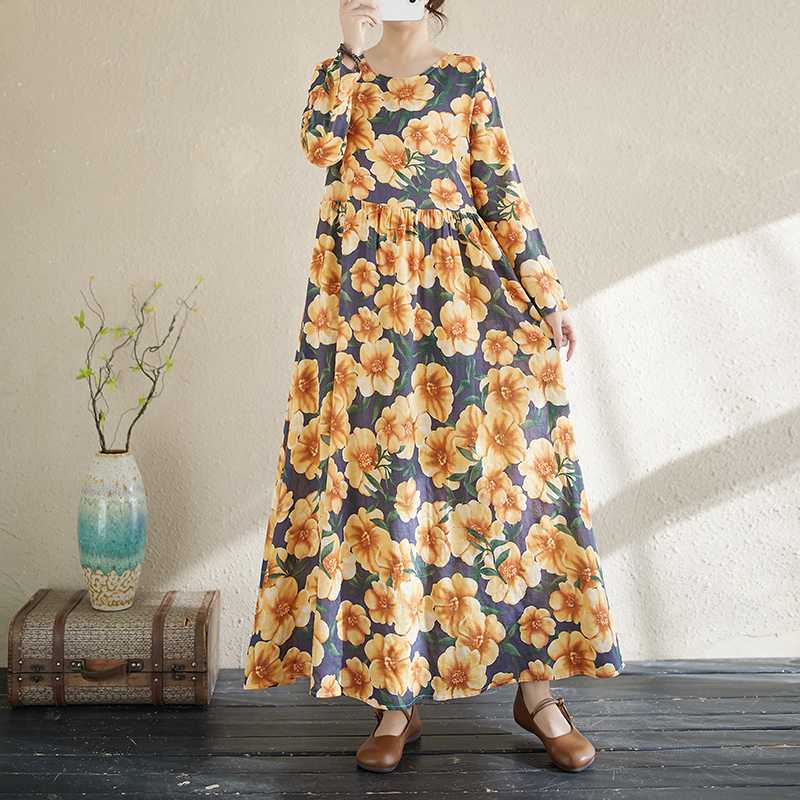 New Floral Vacation Style Travel Round Neck Vintage Long Flesh Covering Dresses