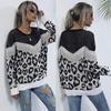 Women's Crew Neck Sweater, Color-Block, Leopard Print, Loose Fit for Fall and Winter
